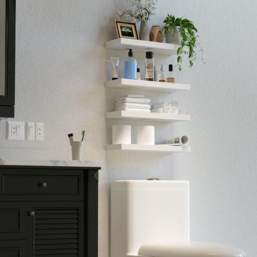 Floating Shelves for Wall, 4 Sets Modern Mounted Shelves, Display Shelves for Wall Decor, White Floating Shelves for Bathroom, Kitchen, Living Room – White
