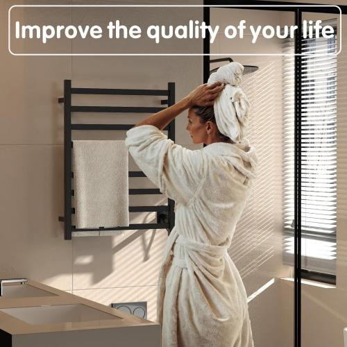 WONDERSKY Towel Warmer Rack, 8-Bar Stainless Steel Heated Towel Racks for Bathroom - Waterproof Wall Mounted Towel Warmers with Timed & Temperature Controller, Hard Wired/Plug-in, Black