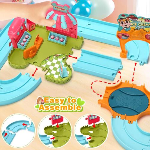 Hamster Car Track Toys for Kids - Pretend Play Ice Cream Theme Educational Track Car Games Set with 2 Mini Hamster Toys & Accessories, Birthday Gift for 3 4 5 6 7 Year Old Toddlers Boys Girls