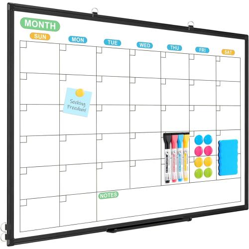 WALGLASS Dry Erase Calendar Whiteboard for Wall, 36 x 24 Double-Sided Monthly Calendar White Board with Black Aluminum Frame, Hanging or Wall Mount Whiteboard for Home, Office, School