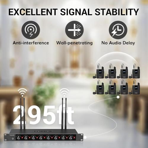 TONOR Wireless Microphones System with 8x12 Channels Headset/Lavalier Lapel Mics, Bodypack Transmitter, Receiver, 90 m/295ft UHF Range for Church Conference Performance Singing Karaoke PA Speaker
