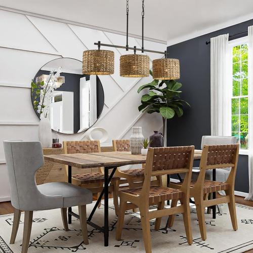 Rattan Chandeliers for Dining Room,Farmhouse Handed Woven 3-Light Linear Pendant Light Fixtures for Kitchen Island Living Room