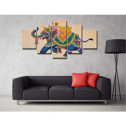 Canvas Wall Art Traditional Indian Elephant Painting Modern Artwork Picture for Wall Living Room Decor Rajasthani Wall Painting Elephant with Jockey Poster Prints Frame Decoration(60''Wx32''H)