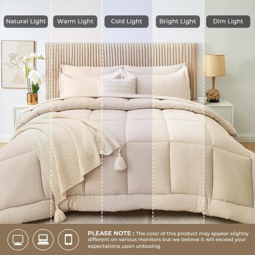 7pc Beige Queen Sasttie Comforter Set, Beige 7 Pieces Bed in a Bag Queen, Complete Bedding Set Includes Comforter, Flat Sheet, Fitted Sheet, Pillowcases and Pillow Shams, Beige