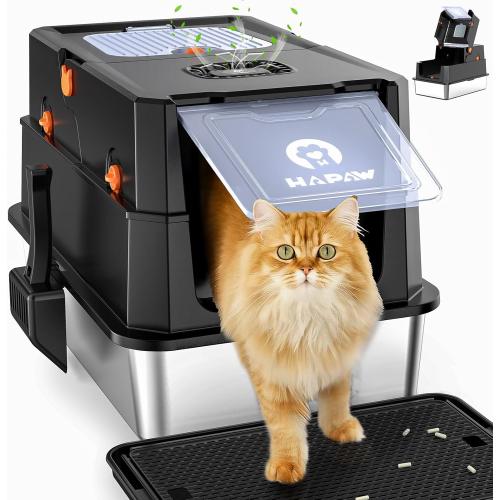 Stainless Steel Litter Box with Lid, Anti-Leakage Enclosed Metal Litter Box, Flip-Top Extra Large Kitty Litter Pan with Scoop & Pedal, Odor Free, Front & Top Dual Entry, Black