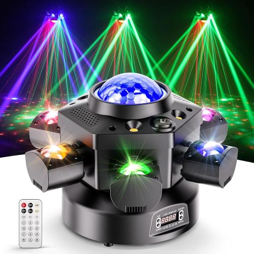 Moving Head DJ Lights, 120W 6-Arm RGBW 4-in-1 Stage Lights with Kaleidoscope Magic Ball Effect, Red/Green Starry Laser, White/Golden Strobe, 540° Rotation, DMX512 Remote Control for Wedding Club Party