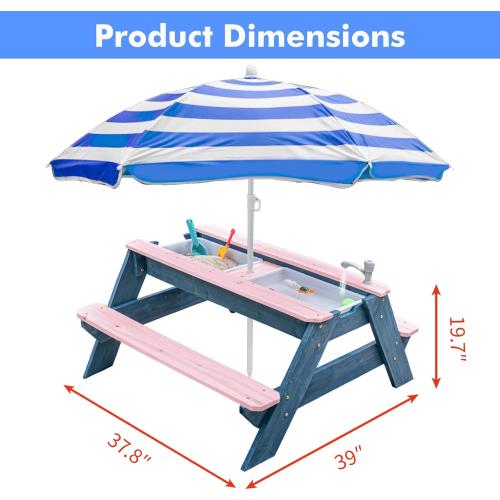 Kids 3-in-1 Sand & Water Table, Wood Outdoor Convertible Picnic Table with Umbrella, 2 Trays, Removable Top with Faucet, Picnic for Outdoor (Pink/Navy)
