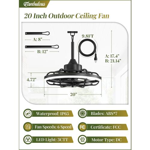 Fanbulous Outdoor Ceiling Fans with Light for Patios, 20 Weatherproof Plug in Ceiling Fan, Gazebo Fan Remote&APP Control, 3CCT Dimmable,Caged Ceiling Fan with Hanging Hook for Porch, Pergola,Canopy