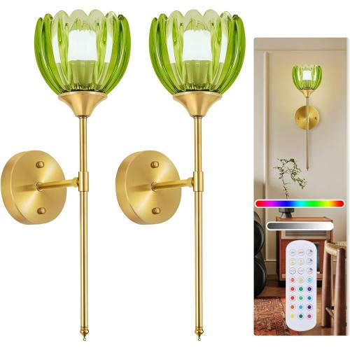 Battery Operated Wall Sconce Set of 2, Rechargeable Wireless Wall Sconce Lights with Glass Lampshade, 5000mAh Dimmable Bulbs with Remote,15 Colors Wireless Wall Lamps for Bedroom Living Room