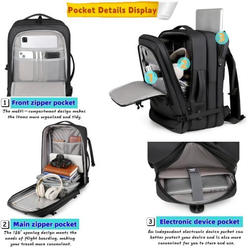 Extra Large 50L expandable travel laptop backpack Men Women,Airline Approved travel backpack,Business commuting backpack, water-resistant (Black)