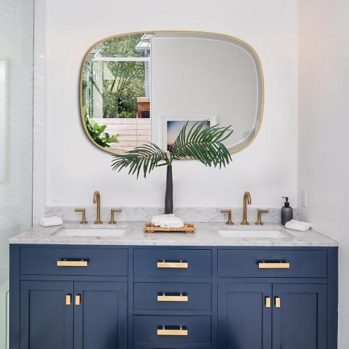 POZINO Brushed Gold Mirror, 20x30 Brass Beveled Mirrors for Bathroom, Rounded Rectangle Mirror, Modern Vanity Wall Mirrors in Premium Stainless Steel Frame Hangs Horizontal Or Vertical