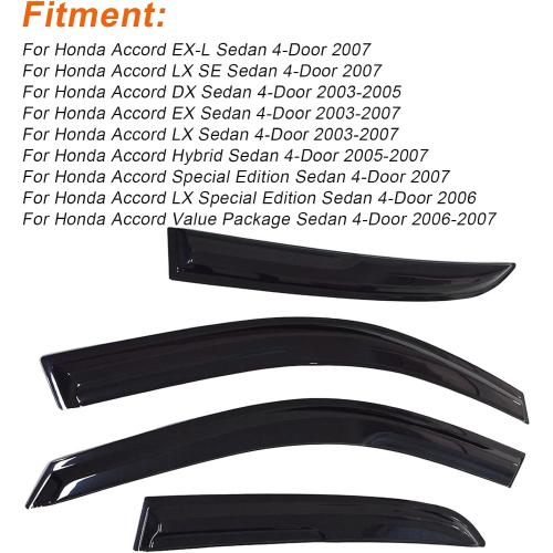 Window Visors Rain Guards Deflectors - 4-Pack Side Window Deflector Vent Shade for Car Windows Tape-On Outside Mount Acrylic Sun Rain Guard Replacement for Accord 4-Door Sedan 2003-2007