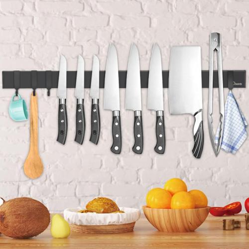 Dmore magnetic knife holder for wall—with 4 hooks, No Drilling 23 Inch black knife magnetic strip, Powerful knife magnet rack, include Adhesive Tape and screws for Knives, Utensils, and Tools