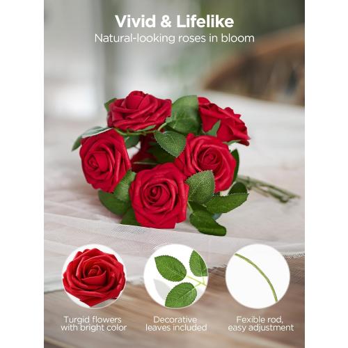 InnoGear Artificial Flowers, 50 Pcs Dark Red Foam Fake Roses Bulk with Stems for Decoration Celebration DIY Wedding Bouquets Centerpieces Bridal Shower Party Christmas Tree