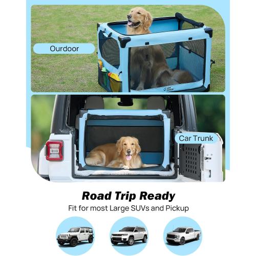 JOYTUTUS Collapsible Dog Crate, 37 Inch Portable Pet Crate for Car, Travel Dog Kennel Foldable Dog Crate for Large Dog 70lbs, Soft Cat Carrier Fit for Indoor & Outdoor/Trunk (Blue)