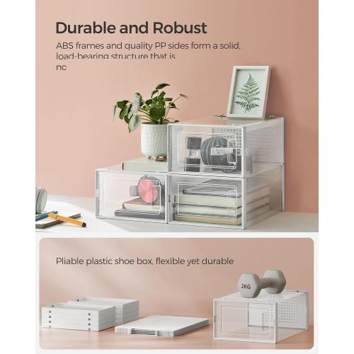 SONGMICS Shoe Boxes, Pack of 18 Shoe Storage Organizers, Stackable Clear Plastic Boxes for Closet, Sneakers, 13.1 x 9.1 x 5.6 Inches, Transparent and White ULSP18SWT