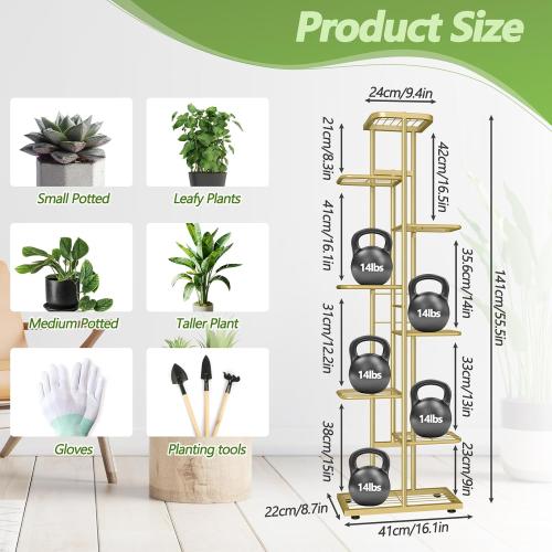 Gold 8 Tier 9 Potted Gold Plant Stand Indoor with Gardening Tools and Gloves, Tall Metal Corner Plant Shelf Organizer Outdoor, Multiple Flower Pot Holder Display Rack for Patio, Garden, Balcony