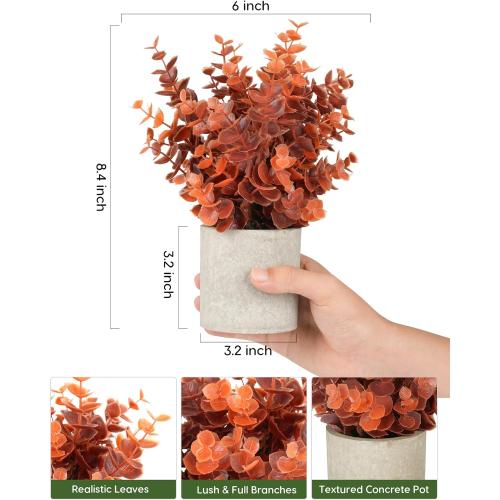 Velener 2 PCS Small Fake Eucalyptus Plant Artificial Potted Plants Indoor for Desk, Shelf, Home Decor Realistic Faux Plant for Office, Bathroom, Living Room Decoration (Fall Orange)
