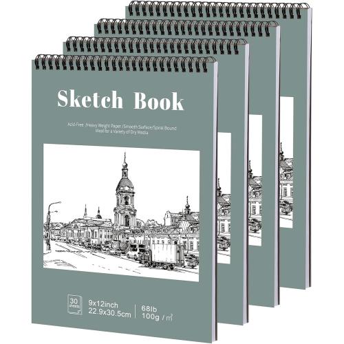 4 Pack Sketch Book, 9 x 12 Inch Sketchbook, 68lb/100gsm Top Spiral Bound Sketch Pad, Acid Free Art Supplies Drawing Painting Sketching Paper for Kids, Adults, Beginners, Artists (30 Sheets Each)