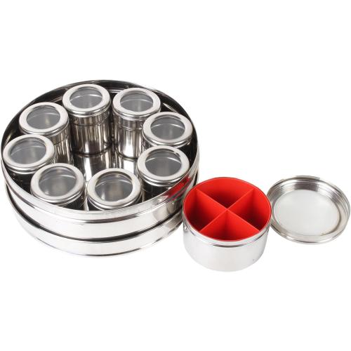 Silver 12 In 1 Stainless Steel Masala Box | Spice Box For Kitchen | Large Masala Dabba with See-Through Lid | Steel Masala Dani 2.5L Spice Organizer with 12 Compartment | 22.5cm