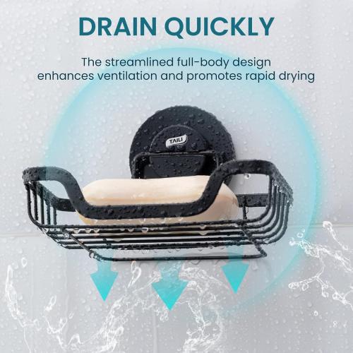 TAILI Soap Holder Dish Suction Cup, Bar Shampoo Rack for Shower Wall, Draining Soap Saver Tray for Bathroom, Rustproof Stainless Steel Sponge Holder for Tub, Kitchen, Drill-Free, Black