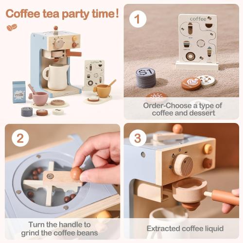 EERKEOD Toy Coffee Maker for Kids Wooden Kids Coffee Maker Playset for Toddlers Play Kitchen Accessories Gift for Girls and Boys