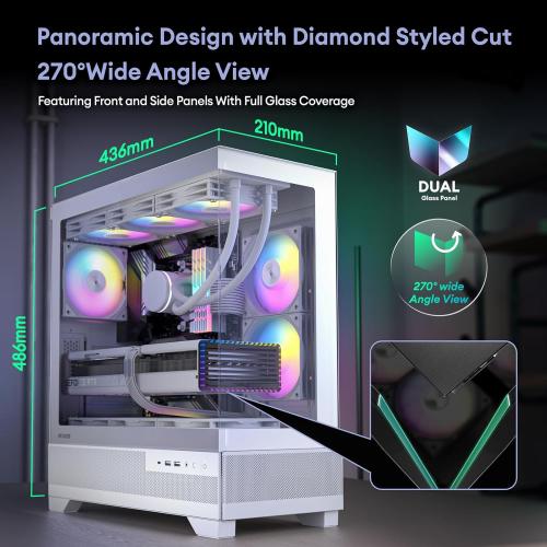 Okinos Aqua 7, Pre-Installed 6 × 120mm PWM ARGB Fan, ATX Mid Tower PC Case, Computer case with Panoramic View Tempered Glass Front & Side Panel, Type C Port, Gaming PC Case, Black