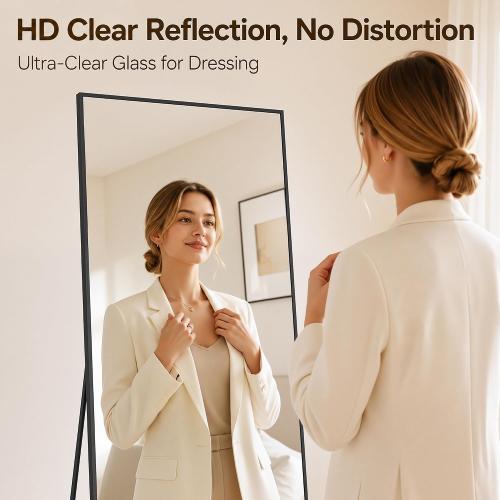 Antok Full Length Mirror, 56x14 Floor Mirror with Stand, Hanging Mounted Mirrors for Bedroom, Living Room, Cloakroom, Dining Room, Black, Rect