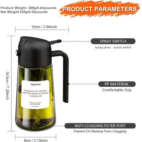 Oil Sprayer for Cooking, 2 in 1 Olive Oil Dispenser Bottle for Kitchen, 16oz/470ml Premium Glass, Food-grade Oil Mister for Air Fryer, Salad, Frying, BBQ (Black   Dark Green Bottle)
