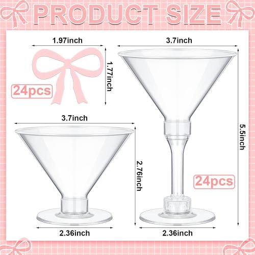 48 Pcs Party Plastic Martini Glasses Disposable with Pink Bow Drink Tag 5 oz Clear Martini Cocktail Glasses Bulk for Fall Halloween Party Wedding Birthday Wine, Desserts, Appetizers