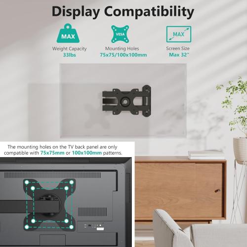 Size 100x100 mm WALI TV Wall Mount Articulating LCD Monitor Full Motion 15 inch Extension Arm Tilt Swivel for Most 13 to 32 inch LED TV Flat Panel Screen with Mounting Holes up to 100x100mm (1330LM), Black