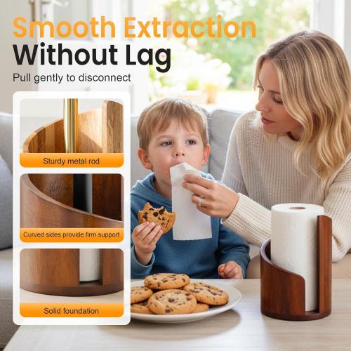 2026 New Mountain Paper Towel Holder Countertop,Natural Mango Wood Round Base and Iron Holder, Wooden Paper Towel Holder for Kitchen Roll Organize Dining Table Home Decor-7-14 Days delivery (Brown-1)