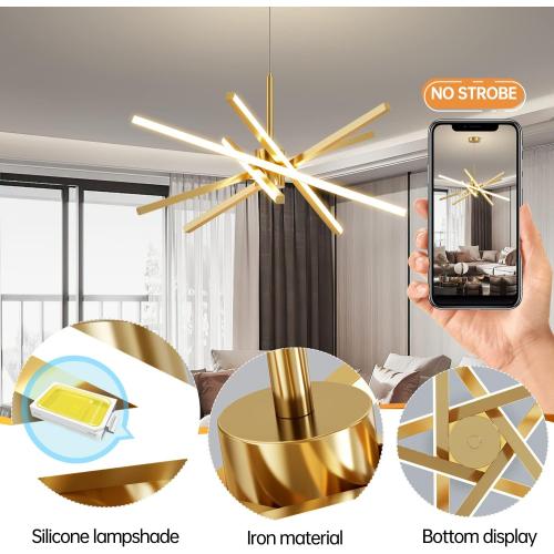 Modern Sputnik Chandelier Ceiling 82W LED Gold Pendant Light Embedded Mount Chandeliers Dining Room Light Fixtures Over Table Dimmable with Remote Control for Living Room Kitchen Bedroom 31.5 inches