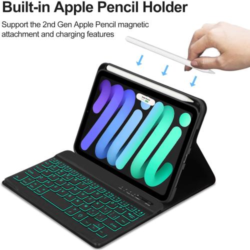 BORIYUAN iPad mini 7th Gen 2024 (A17 Pro) & iPad mini 6 Keyboard Case 2021, Detachable Wireless Keyboard, 7 Color Backlit, Slim Folio Cover with Pencil Holder for iPad mini 7th/6th Gen 8.3 inch Black
