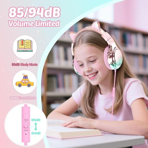 QearFun USB C Kids Cat Ear Wired Headphones with Mic, 85/94dB Volume Limit