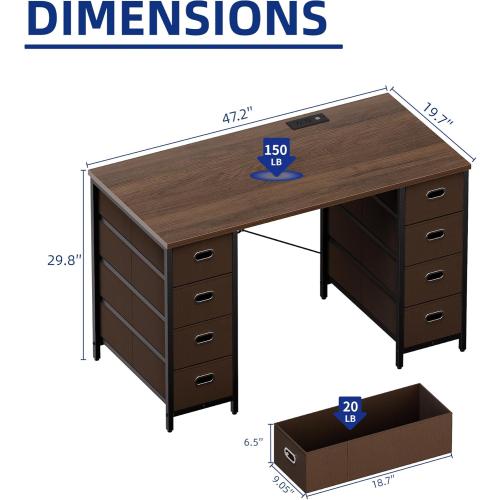 Pamray Size 47 Inch Color brown Computer Desk with 8 Fabric Drawers PC Gaming Desk Home Office Study Work Writing Table for Bedroom Brown