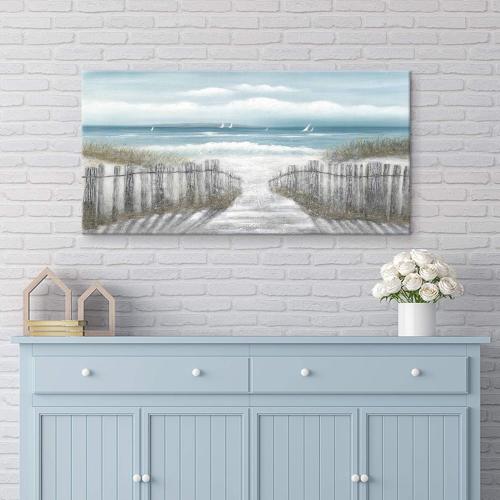 Canvas Wall Art Beach Pathway: Sandy Path with Fence Painting to the Coastal Hand Painted Artwork Picture for Bedroom (40'' x 20'', Multi-Sized)
