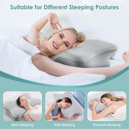 BESYODO Cervical Neck Pillow, Ergonomic Memory Foam Cervical Pillows, Contour Side Sleeper Pillows for Adults, Orthopedic Neck Support Pillow for Back Stomach Sleeper with Removable Pillowcase (Light Grey)