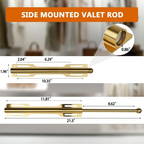 Valet Rod for Closet Pull Out, Rod for Bedroom Laundry Room Bathroom, Brushed Gold