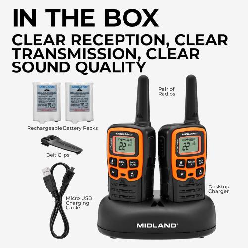Midland- T51VP3 X-TALKER Spotting and Recovery Walkie-Talkie Long Range - FRS Two Way Radio for kids Caravanning with NOAA Weather Scan   Alert, 38 Privacy Codes - Black/Orange - 2 Pack