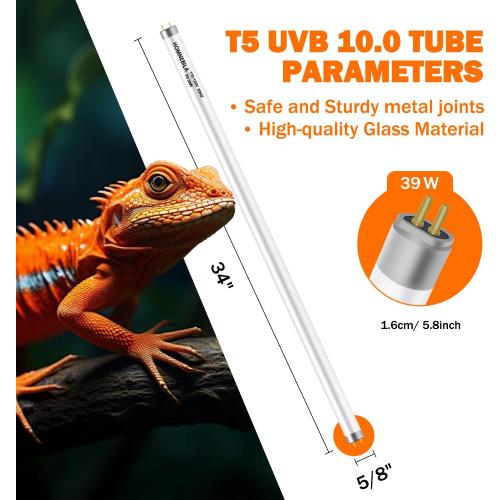 Pack of 2 T5 10.0 UVB Reptile Light Bulb 39W, UVA UVB Light Bulb for Reptiles, 2 Pack Reptile UVB Lamp Tube 33 Inch, for Bearded Dragon, Lizards, Chameleons