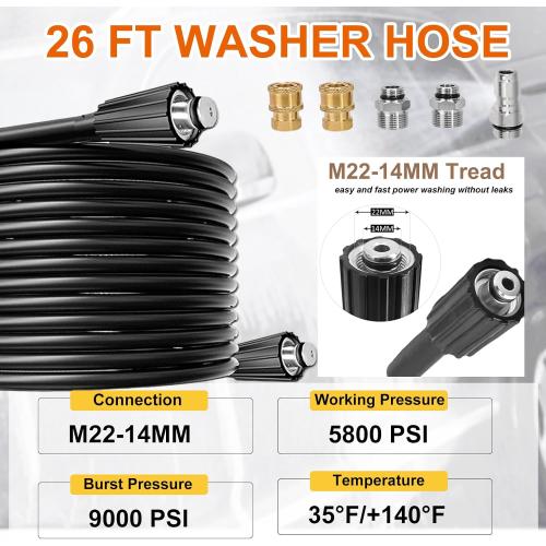 Color Red Brass Power Washer Gun and Hose Kit, Pressure Washer Gun with 26FT Washer Hose & 2 Extension Wands, M22 Fitting, 5 Nozzle Tips,4350PSI