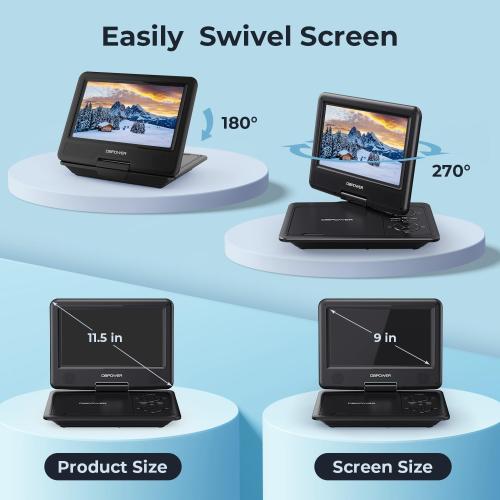 DBPOWER 11.5 Portable DVD Player, 5-Hour Built-in Rechargeable Battery, 9 Swivel Screen, Support CD/DVD/SD Card/USB, Remote Control, 1.8 Meter Car Charger, Power Adaptor and Car Headrest (Black)