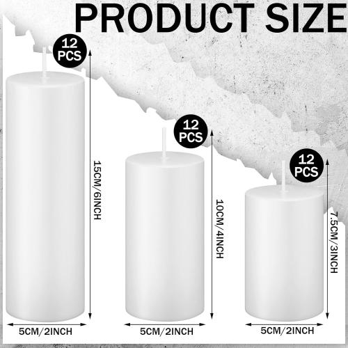 White MTLEE 36 Pcs Pillar Candles Bulk Unscented Candle Set 38 Hour Long Burning Dripless for Dinner Emergency Wedding Spa Party(3 Sizes,White)