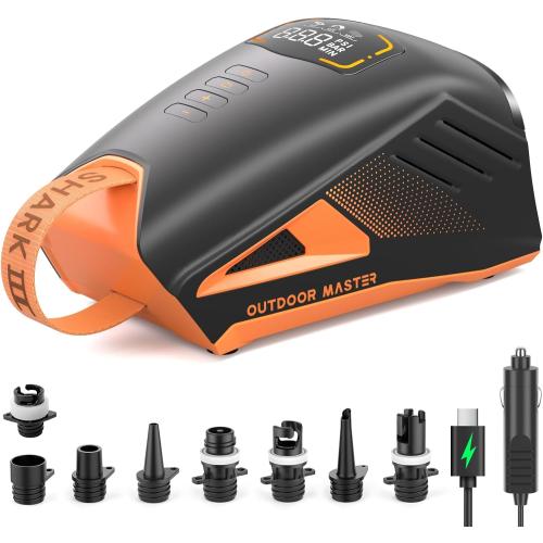 OutdoorMaster Shark 3 Paddle Board Pump Electric 74Wh- 3'50 Fast Inflation | 74Wh Rechargeable SUP Air Pump, One Charge for 4 SUPs,12V/15.8V DC Input, Digital Display, 20PSI, Auto-Off, 8 Nozzles