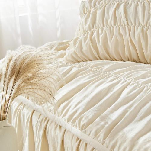Queen Comforter Set - Ruched Comforter Queen Size Bed Set Boho Shabby Chic Bedding for Bedroom Comforter Fluffy 3 Piece Ruffle Comforter Set with Pillow White Bedding Soft