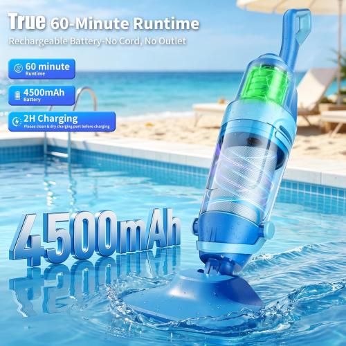 Cordless Pool Vacuum for Inground & Above Ground Pools: 23.8 GPM Powerful Stable Suction, Telescopic Pole up to 90.6, 60-Min Runtime, Extra-Large Filter & Rechargeable Pool Cleaner for Spas/Hot Tubs