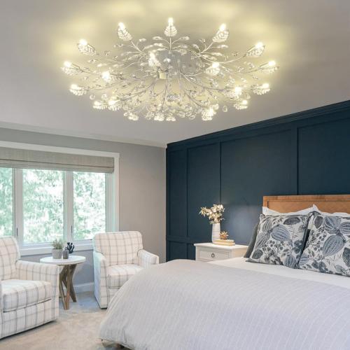 Modern Crystal Ceiling Light Fixture,Semi Flush Mount Chandeliers,Crystal Leaf Ceiling Light,Silvery Chandeliers for Dining Room,Living Room,Bedroom