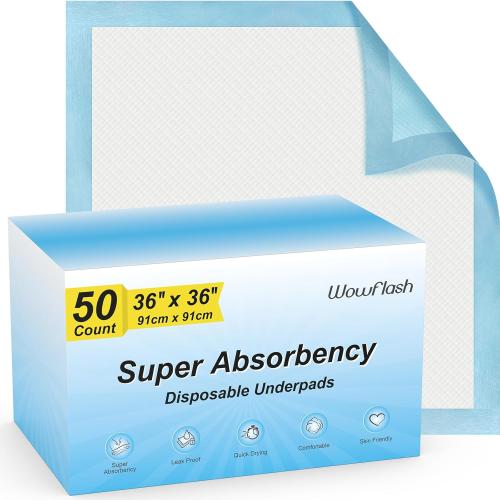 50 Count 36 x 36 Super Absorbency Disposable Underpads - Leakproof Quick Drying Pads for Baby, Puppy & Adults, Bed Pads, Incontinence & Dog Pee