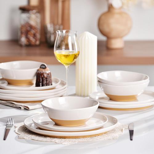 Sets of 12 FINE&NICE Melamine Dinnerware Sets of 12 Pcs, Unbreakable Plates and Bowls Set for 4, Dinner Dishes Set for for Patio, RV and Camping, Dishwasher Safe (White with Brown)